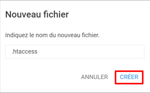 La fenêtre contextuelle Nouveau fichier du Gestionnaire de fichiers Hostinger met en évidence le bouton Créer.