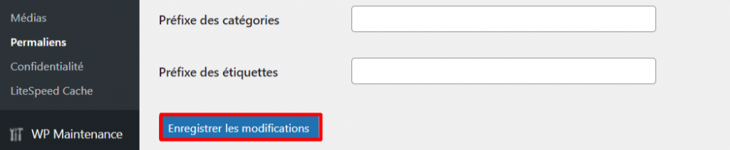 La section WordPress Permaliens met en évidence le bouton Enregistrer les modifications