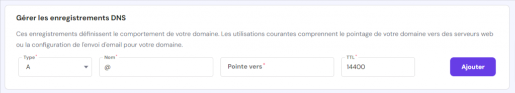 Ajouter un enregistrement A dans la section Gérer les enregistrements DNS.