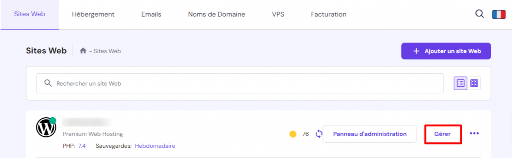 La page Sites web sur hPanel. Le bouton Gérer est en surbrillance