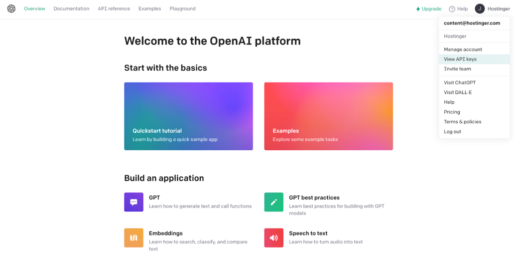 Page d'accueil de l'API OpenAI