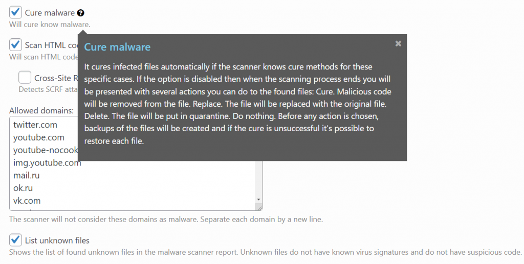 Paramètres de recherche de logiciels malveillants du plugin Security & Malware Scan by CleanTalk