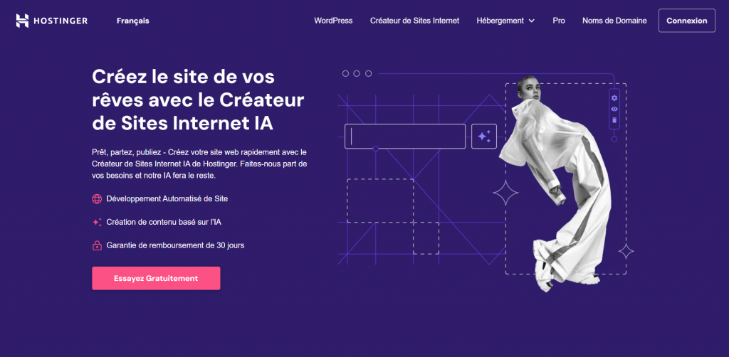 Page d'accueil du créateur de sites internet IA de Hostinger
