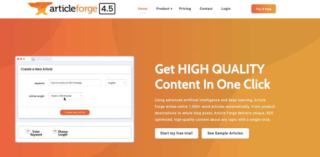 Landing page Article Forge 