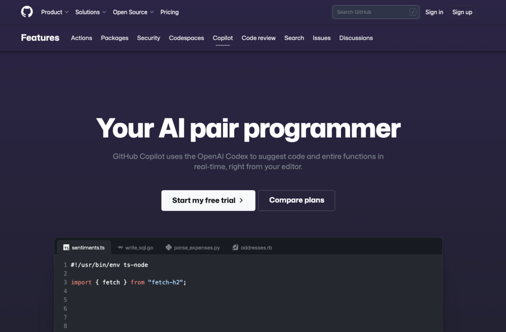 Landing page GitHub Copilot 