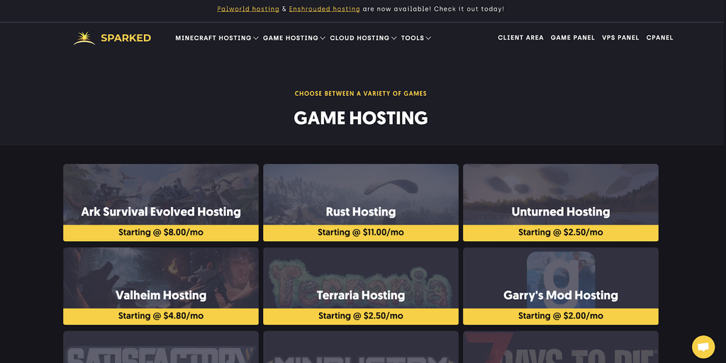 Site web de l'hébergeur de jeux Sparked Host