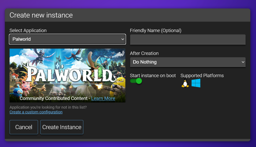 La fenêtre de création d'une nouvelle instance avec Palworld comme application sélectionnée.