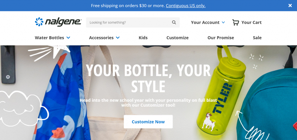 Page d'accueil de Nalgene, une marque de bouteilles d'eau qui utilise WordPress et WooCommerce pour sa boutique en ligne