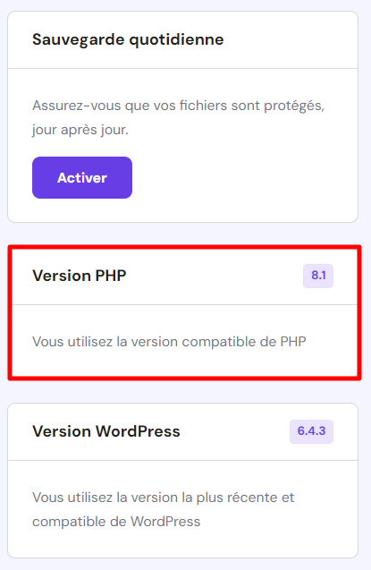 La version PHP dans hPanel montre une version compatible de PHP