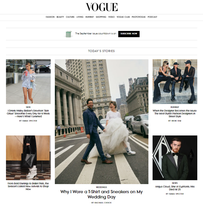 Page d'accueil de Vogue, un magazine américain de style de vie qui utilise WordPress