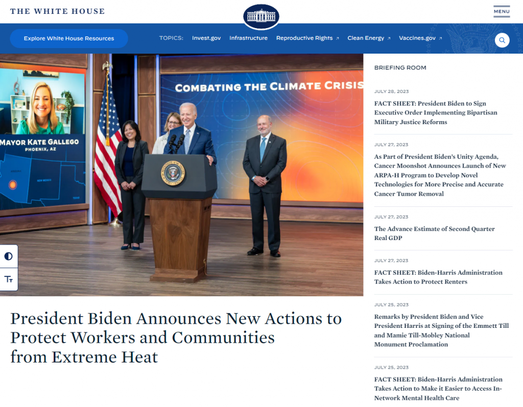 Page d'accueil du site WordPress de la Maison Blanche