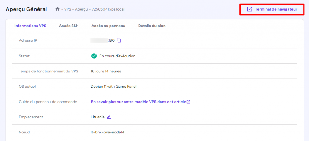 L'emplacement du terminal de navigateur dans le menu de gestion du VPS de hPanel