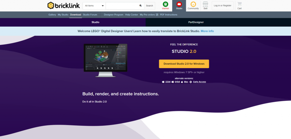 Page du logiciel Bricklink - une redirection de stud.io