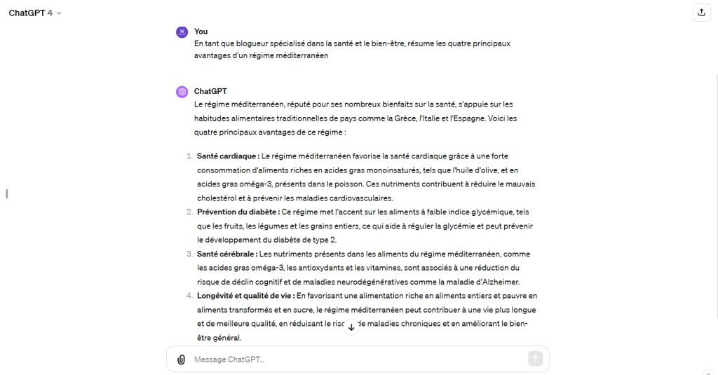 Le résultat d'une invite contextuelle envoyée à ChatGPT
