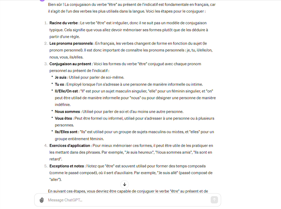 Exemple d'utilisation de prompt engineering pour comprendre la conjugaison française