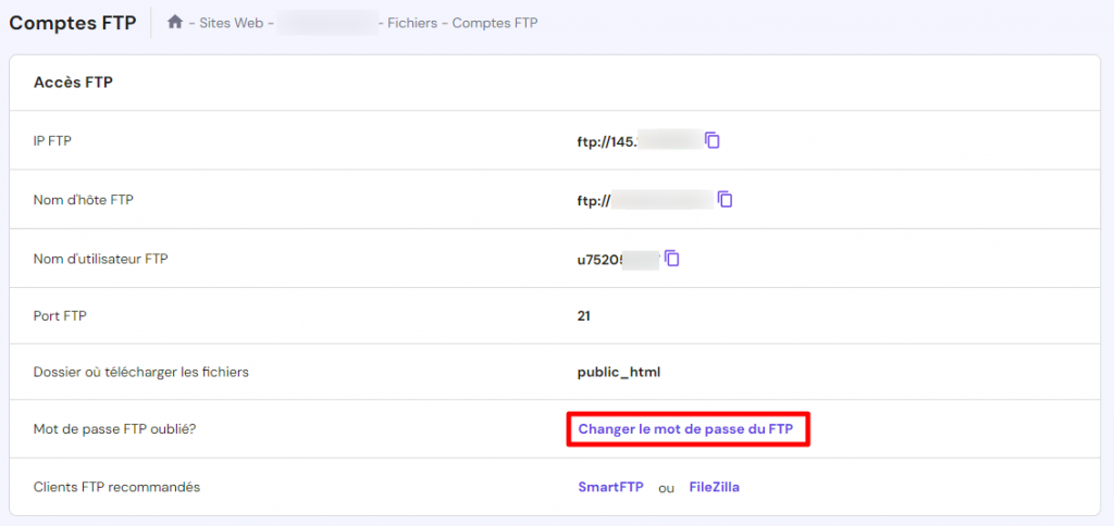 section Comptes FTP sur hPanel montrant où changer votre mot de passe FTP