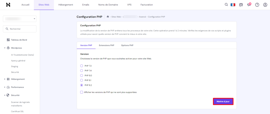 La page Configuration PHP de hPanel avec le bouton Mettre à jour en surbrillance