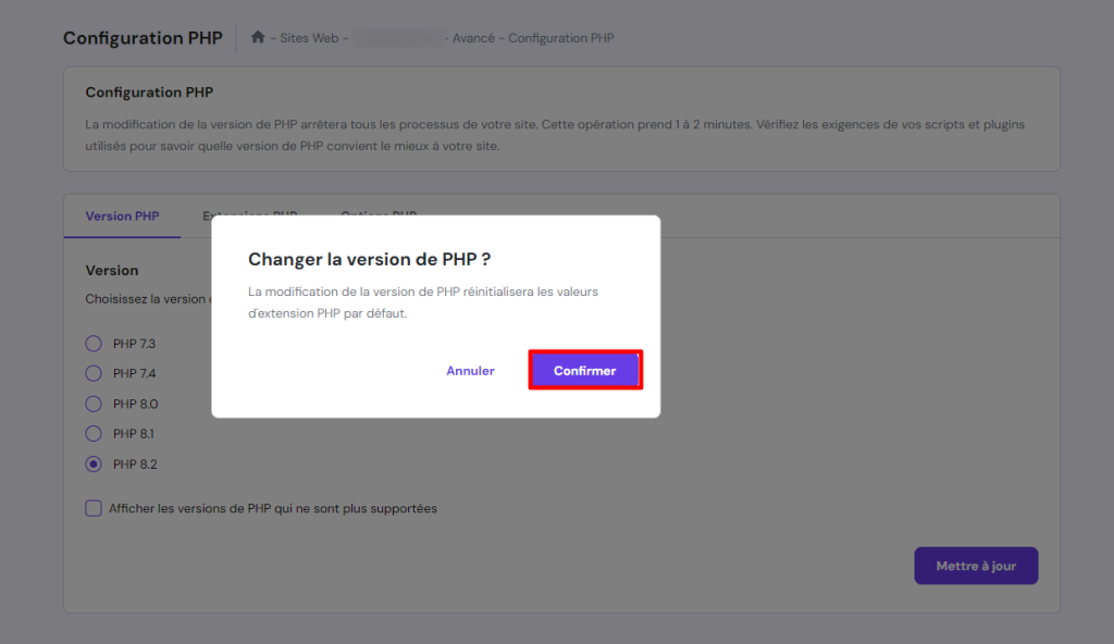 Boîte de confirmation du changement de version de PHP