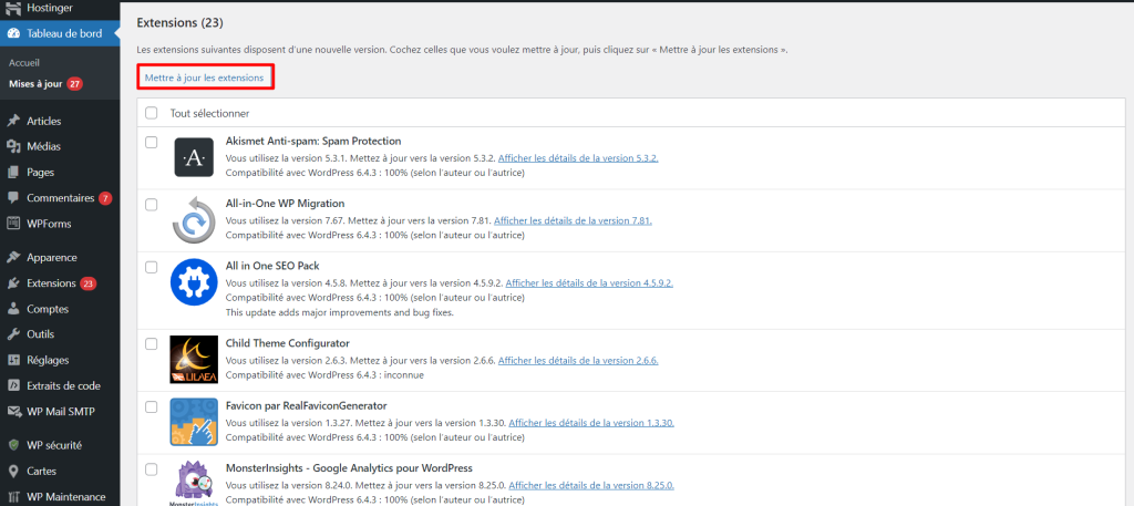 Le bouton " Mettre à jour les extensions " sur la page des mises à jour de WordPress
