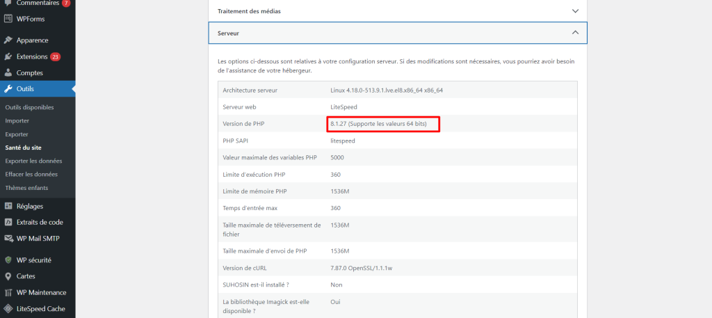 La page Santé du site WordPress avec le numéro de version de PHP en surbrillance