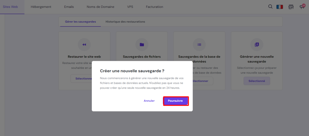 La fenêtre pop-up de création d'une nouvelle sauvegarde sur hPanel