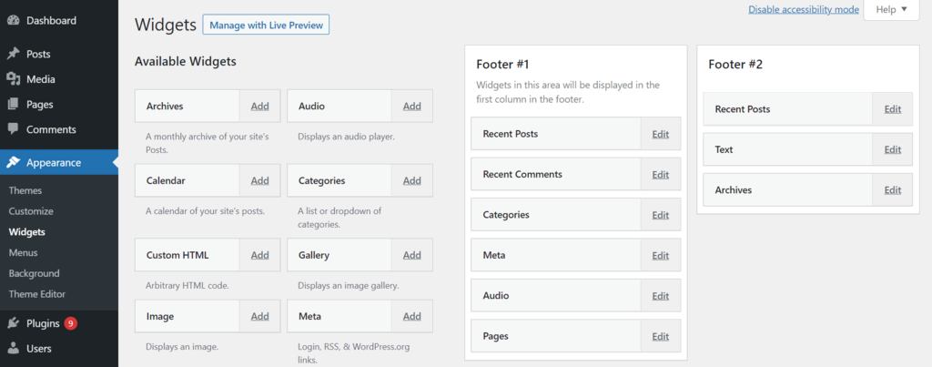 La zone des widgets dans le tableau de bord de WordPress - activer la version du mode d'accessibilité