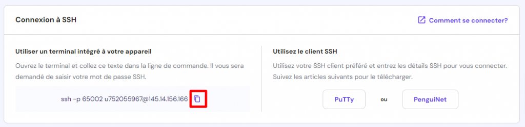 L'icône de copie dans la fenêtre de connexion à SSH sur hPanel