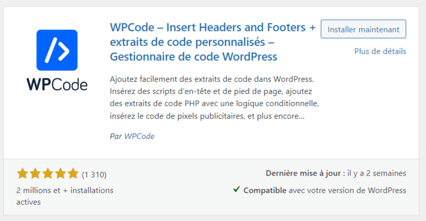 Le plugin WPCode dans le répertoire WordPress