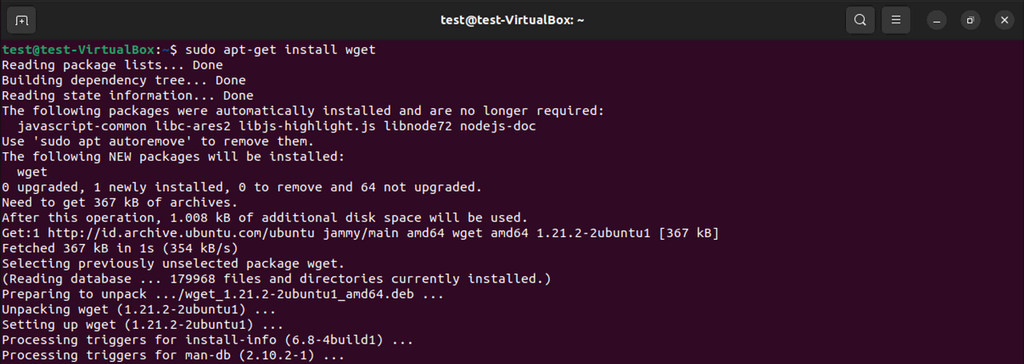 Fenêtre de terminal montrant le processus d'installation de wget