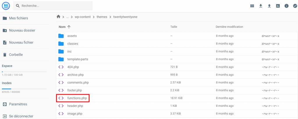 Le fichier functions.php dans le gestionnaire de fichiers de hPanel