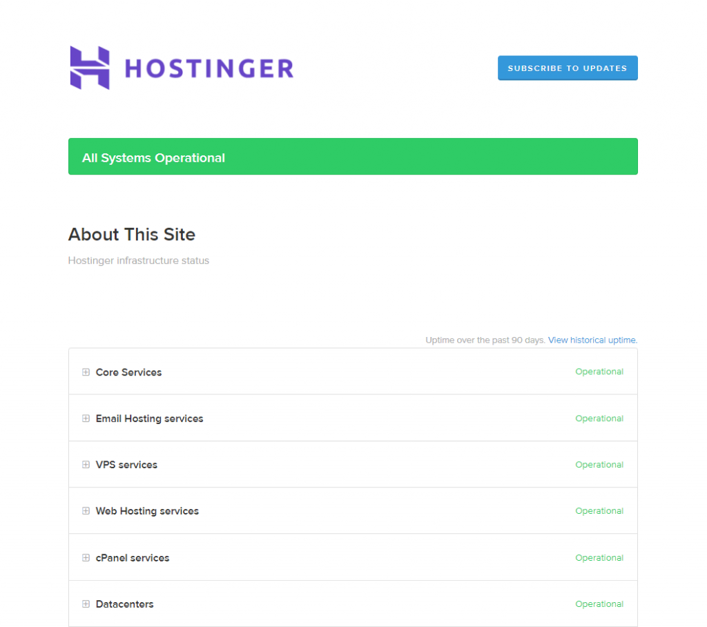 Page de Hostinger sur le temps de fonctionnement des serveurs
