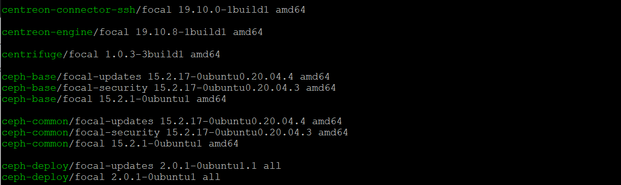 La liste de toutes les versions de paquets dans le terminal