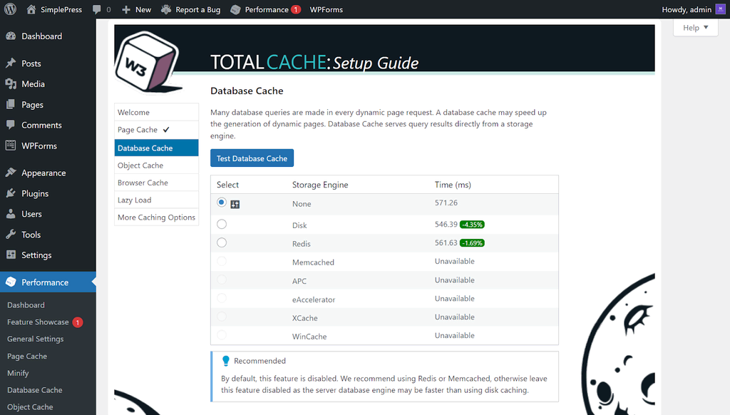 W3 Total Cache affiche la page Cache de base de données