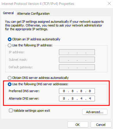 Utiliser les adresses de serveurs DNS suivantes	
