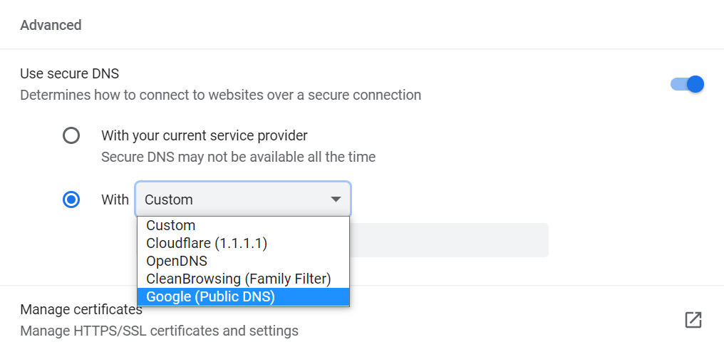 Modification des paramètres DNS dans Google Chrome