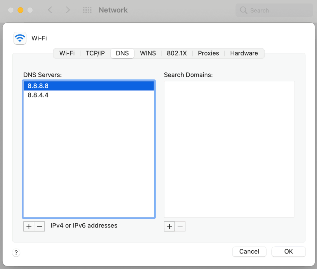 Modifier les paramètres DNS sur macOS.