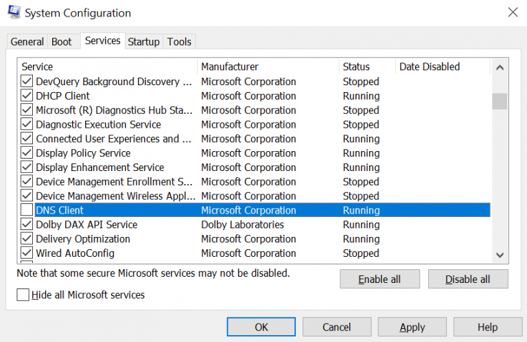 Désactivation du client DNS sur MSConfig.