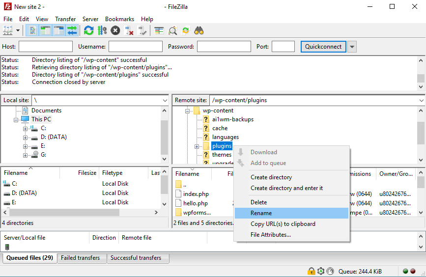 Renommer le dossier plugins en utilisant FileZilla.