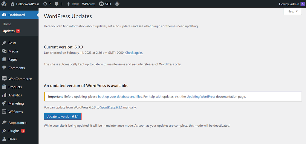 La page des mises à jour de WordPress avec le bouton " Mettre à jour la version " en surbrillance