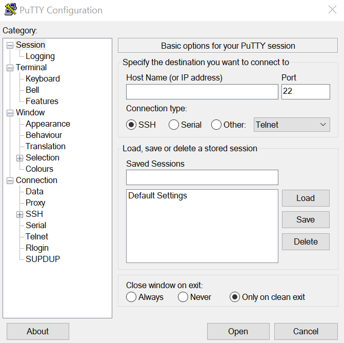 Fenêtre de configuration de PuTTY