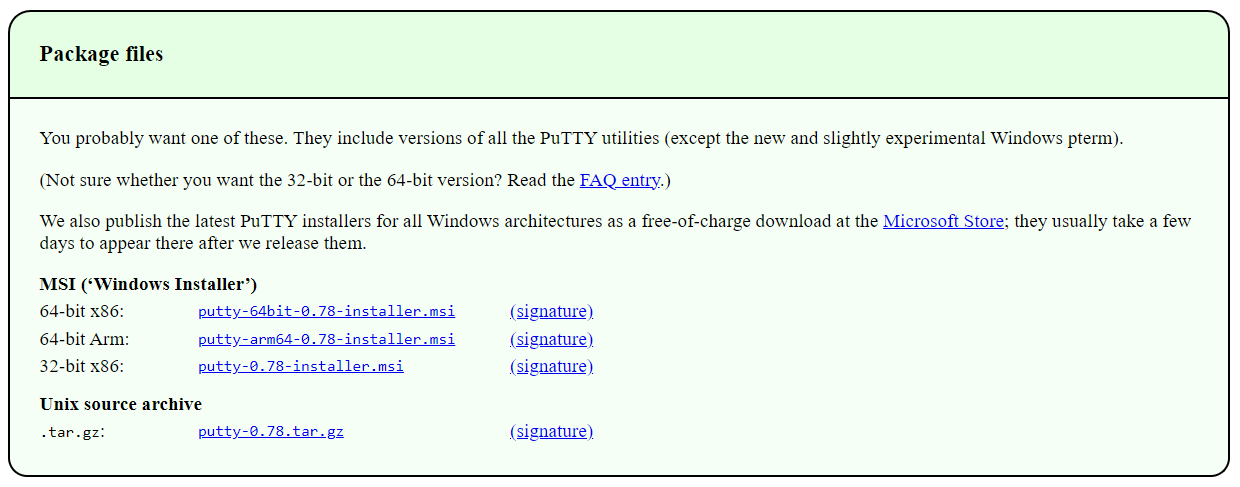 Page de téléchargement des fichiers du paquet PuTTY