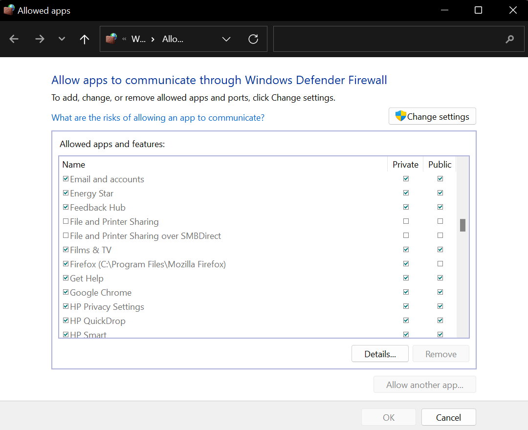 La liste des applications autorisées dans le pare-feu Windows Defender