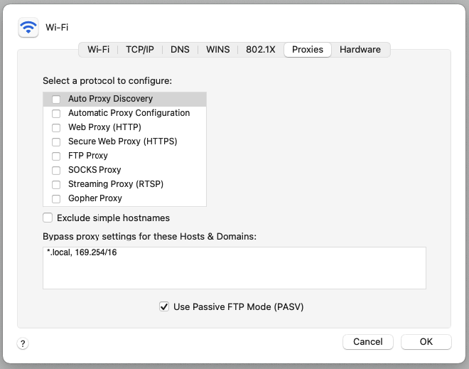 Paramètres des proxys sur macOS.