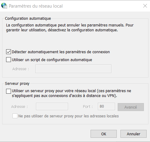 Paramètres du réseau local (LAN) dans Windows.