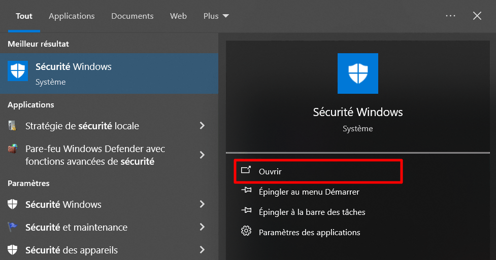 Les résultats de la recherche Sécurité Windows sur Windows
