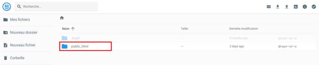 L'emplacement du dossier public_html dans le gestionnaire de fichiers
