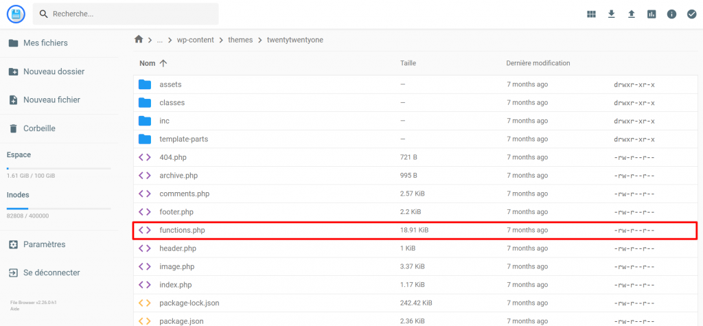 Le répertoire du thème TwentyTwentyOne avec le fichier functions.php en surbrillance.
