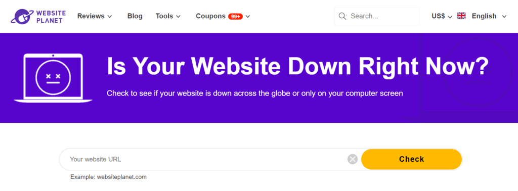La page web du vérificateur de site web "Is It Down Right Now ?" de Website Planet.