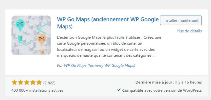 Installation du plugin google maps wordpress : WP Go Maps