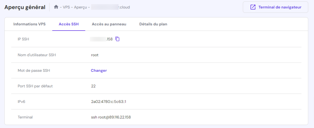 Trouver les identifiants SSH dans l'onglet Accès SSH du tableau de bord de hPanel